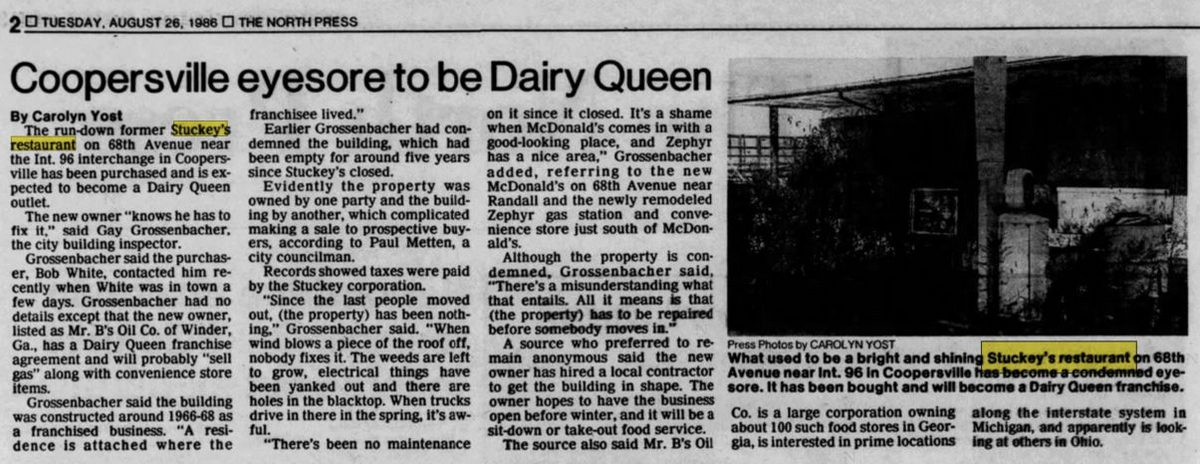 Stuckeys - Aug 26 1986 Article On Coopersville Location (newer photo)